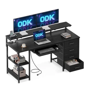 ODK Schreibtisch mit 4 Schubladen, 140x52x92cm Computertisch mit 2 Steckdosen... - Bild 1 von 7