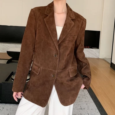Genuine Brown Suede Leather Coat Womens Winter Jacket Soft Two Button Blazer 2XL - Image 1 of 4