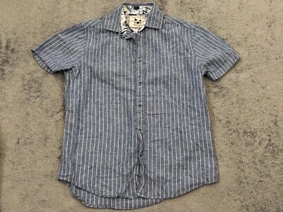 Report Collection Linen Blend Shirt Mens S Blue Striped Preppy Tropical Beach - Image 1 of 4