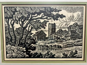 Gerahmter Birger Sandzen Linoleumschnitt 1934 eine alte Kansas Farm 12” x 18” - signiert - Bild 1 von 12