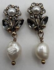 Genuine Pearl Gold Earrings Floral Drop Earrings Dark Blue Gem