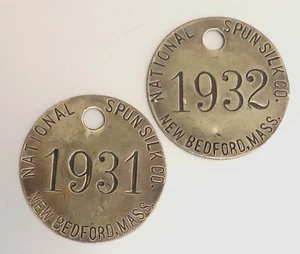 2 VTG Tool Check Brass Tags: NATIONAL SPUN SILK CO New Bedford, MA; Largest Mill - Picture 1 of 1
