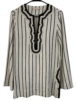 Tory Burch Filipa Slub Stripe Embroider Tunic Top white & Black Size 4 - Image 1 of 4