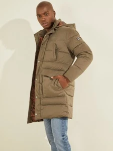 $298 Guess Men’s Alta Nylon Puffer Long Jacket With Hood In Light Brown Size XL - Picture 1 of 20