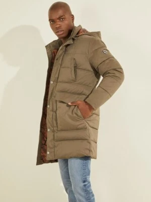 $298 Guess Men’s Alta Nylon Puffer Long Jacket With Hood In Light Brown Size XL - Image 1 of 4