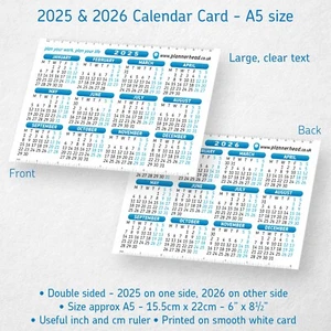 Tarjeta planificadora de calendario 2025 y 2026. Tarjeta blanca lisa de texto grande de 2 años. 3 tallas - Imagen 1 de 8