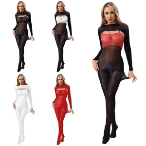 Womens Glossy Lingerie Floral Lace Spliced Sleeveless Footed Bodysuit Nightwear - Picture 1 of 43