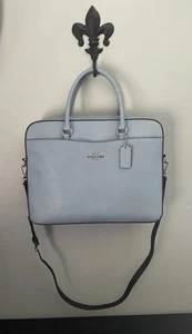 COACH Slim Laptop Shoulder Bag Cornflower Blue Crossgrain Leather Shoulder Strap - Afbeelding 1 van 21