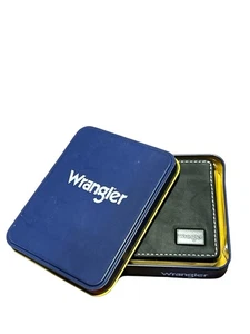 NEU Leder Wrangler Herren-Geldbörse mit Doppelfaltung in Dose Schwarz Kartenfächer Schmales Design - Bild 1 von 4