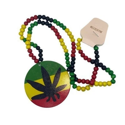 Nuevo con etiquetas Collar de cuentas de madera Rasta Pot hoja hierba rojo amarillo verde Foto 1 de 4