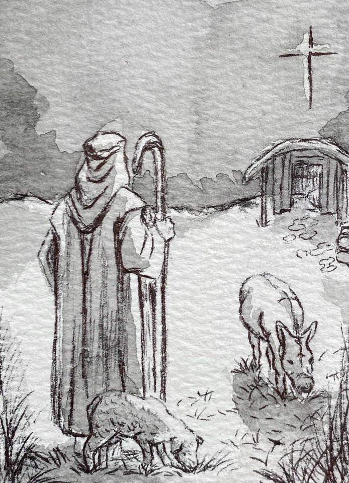 ACEO 原创混合媒体绘画艺术牧羊人羔羊和星星 — 第 1/1 张图片