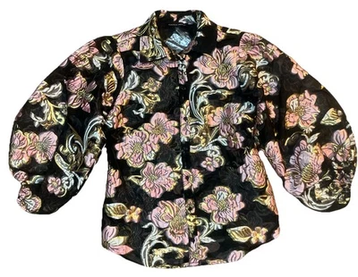 Boston Proper Jacket Small Button Up Sheer Bishop Sleeves Floral Black Pink Gold - Image 1 of 4
