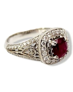 Ring - 18 kt. White gold, 18K Gold, Diamond & Deep Dark Red 1.0CT Ruby Art Deco - Picture 1 of 9