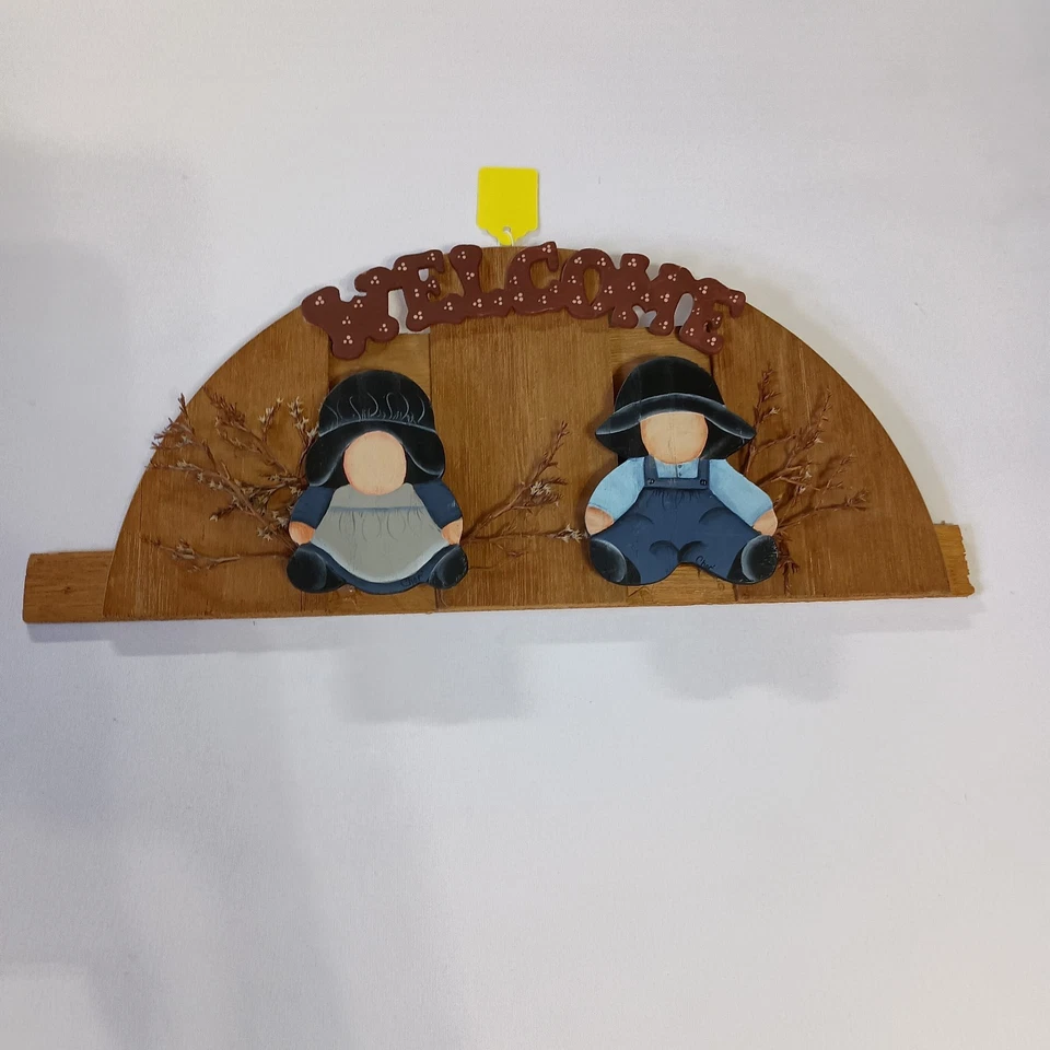 Welcome Sign Wood Wall Hanging Half Round Amish Boy And Girl Rustic Cottagecore - Image 1 of 4