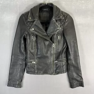 All Saints Cargo Biker Leather Jacket Womens Size 0 Black Moto Cropped Full Zip - Picture 1 of 9
