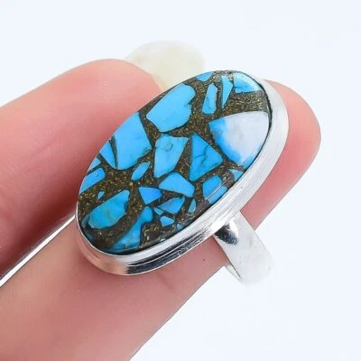 Mosaik Kupfer Türkis Edelstein Handgefertigt Silber Schmuck Ringgröße 8 RRJ16859 - Bild 1 von 4