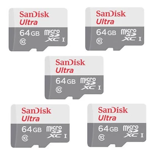 5x SanDisk Ultra 64GB microSDXC Card UHS-1 Upto 100 MB/s Class 10 w/ SD Adapter - Picture 1 of 4