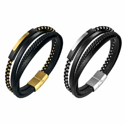 Men's Briaded Leather Stainless Steel Buckle Bracelet Bangle Cuff Free Engraving - Image 1 of 3