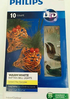 2.4 Watts 10 Phillips LED 3 In Rattans Bells Warm White Christmas Lights Decor - Image 1 of 2