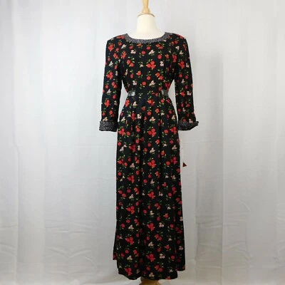 Vestido midi vintage SL Fashions manga larga floral con corbata trasera - 12, negro #3990 Foto 1 de 4