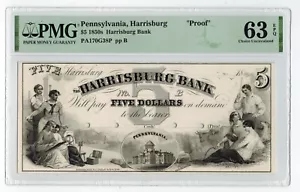 1850s Pennsylvania THE HARRISBURG BANK $5 Obsolete Currency PROOF PMG63 EPQ - Picture 1 of 2