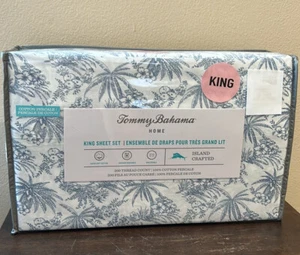 NEW 4pc Tommy Bahama King Sheet Set Tropical Beach PEN & INK PALM Blue & White - Picture 1 of 4