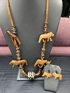 African Safari Necklace Earrings Set Handcrafted Wood Lion Giraffe Rhino Vintage