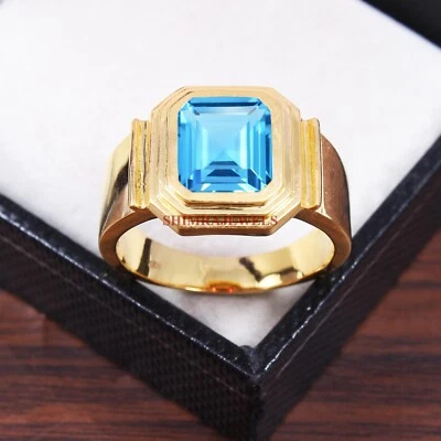 Natürlich Blau Topas Edelstein Mit 18k Vergoldet Silber Herren Ring #1816 - Bild 1 von 4