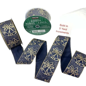 Kirkland Wire Edge Ribbon Navy Gold Bell 5 Yards Christmas Wedding Bow Gift 2.5" - Picture 1 of 24
