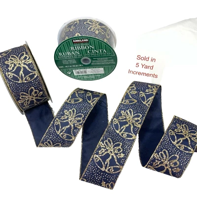 Kirkland Wire Edge Ribbon Navy Gold Bell 5 Yards Christmas Wedding Bow Gift 2.5" - Image 1 of 4