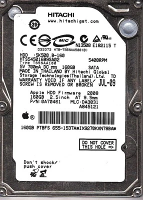 FOR DATA RECOVERY HTS545016B9SA02 p/n: 0A70461 DA3031 655-1537A 2.5 BAD SEC - Image 1 of 3