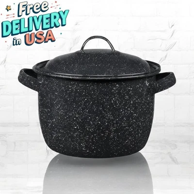 Granite Bean Pot with lid Ware Enamel on Steel 4-Quart 3.7 Liter Speckled Black - Image 1 of 4