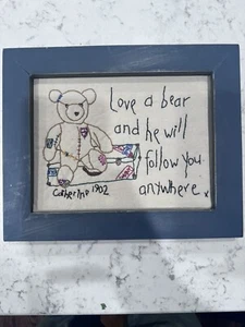 Primitive country stitchery framed home decor handmade Love A Bear Antique - Picture 1 of 5