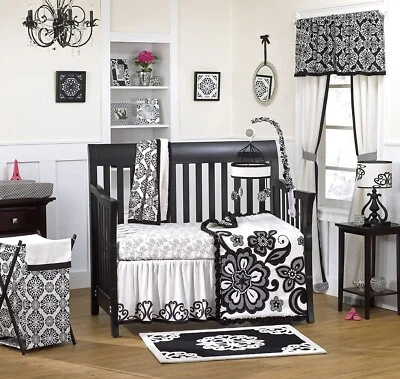 6-Pc CoCaLo Couture Elsa Crib Bedding Set Girl's Nursery Floral Black White Glam - Image 1 of 4