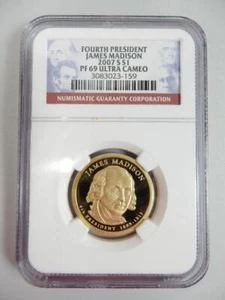 2007 S PROOF JAMES MADISON PRESIDENTIAL NGC PF69 ULTRA CAMEO #K69 - Picture 1 of 4