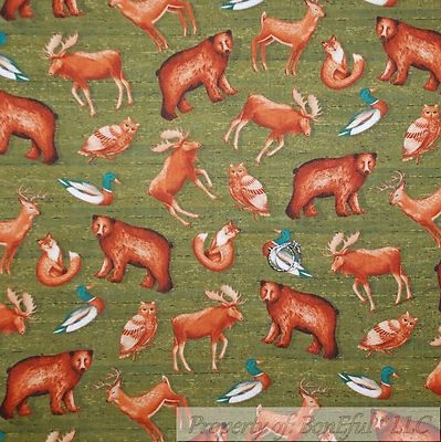 BonEful Fabric FQ Cotton Quilt Green Fox Wood Duck Brown Deer Bear Moose Scenic - Image 1 of 4