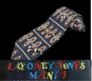 Looney Tunes Mania Mens Necktie Blue Paisley 1995 Cartoon Sylvester Coyote Bugs - Picture 1 of 12