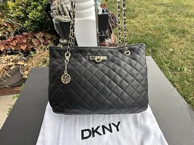 New DKNY Shoulder Bag Purse Tote Black Quilted Nappa Leather Gold Hardware Charm - Image 1 of 4