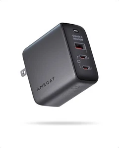 AMEGAT 65W USB C 3-Port GaN III Wall Charger PPS PD 3.0 Compact Foldable Fast Ch - Picture 1 of 9