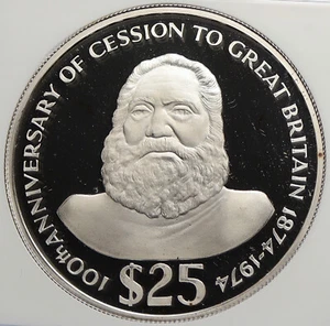 1974 FIJI UK Queen Elizabeth II King Cokabau Proof Silver $25 Coin NGC i106278 - Picture 1 of 5