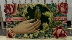Chatarra de papel en relieve vintage CON AMOR y deseos cariñosos sostiene a mano rosas de pájaros - Imagen 1 de 4