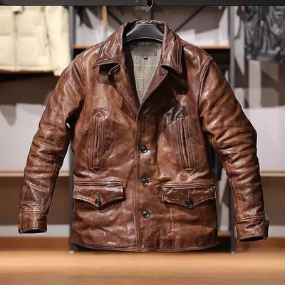 Motorcycle Biker Vintage Distressed Brown Real Leather Men Jacket Coat - Image 1 of 4