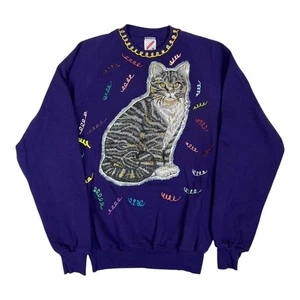 Vintage Cat Raglan Sweatshirt Women's Medium Purple Home Made in USA 90s - Picture 1 of 8