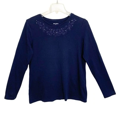 Studio Works T-Shirt Top Women’s Size Medium Navy Blue Silver Studs Long Sleeve - Image 1 of 4