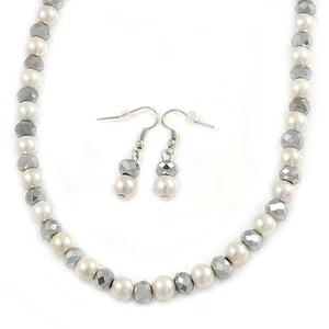White Simulated Pearl & Hematite Glass Bead Necklace and Drop Earrings Set In - Picture 1 of 4