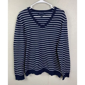 Maglione donna Tommy Hilfiger blu navy e bianco righe scollo a V nodo taglia XL - Foto 1 di 6