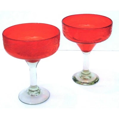Hand Blown Margarita Glasses 2 Artisan Etched 6.5" Red Glass Bowl Clear Stem Vtg - Image 1 of 4