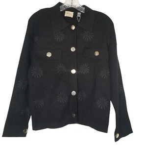NWT ELIE TAHARI Snap Front Embroidered Knit Jacket Cardigan Small  BLACK New - Picture 1 of 13
