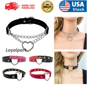 PU Leather Choker Necklace Adjustable Heart Chain Neck Collar Gothic Punk Gift - Picture 1 of 14