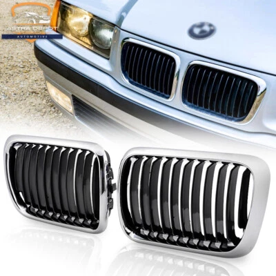 Chrome Frame Black Front Kidney Grille Grill For BMW 3 Series E36 M3 1997-1999 - Image 1 of 4